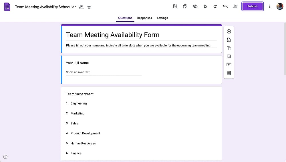 Publish button in Google Forms