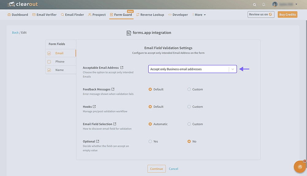 Create a Form Guard on Clearout