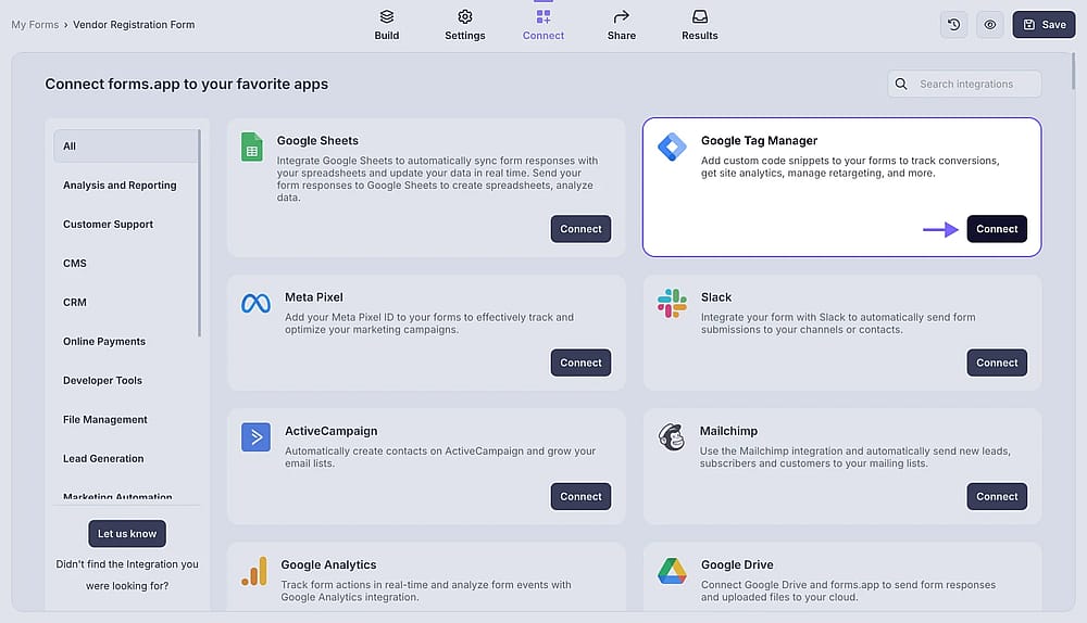Find GTM among forms.app’s integrations