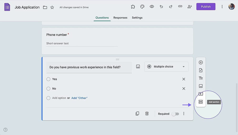 Google Forms'a bir bölüm ekleyin