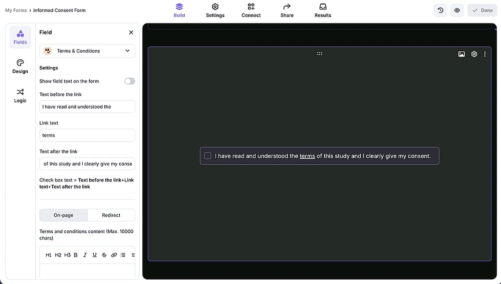 Add a term & conditions or signature field