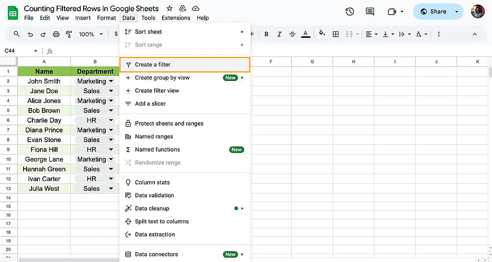 Head to “Data” and “Create a filter”
