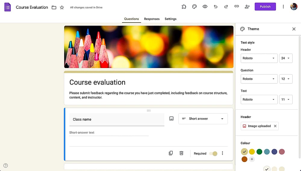 Opções de personalização no Google Forms