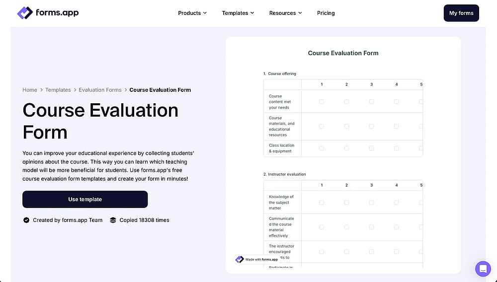 Modelo de formulário de avaliação de curso no forms.app