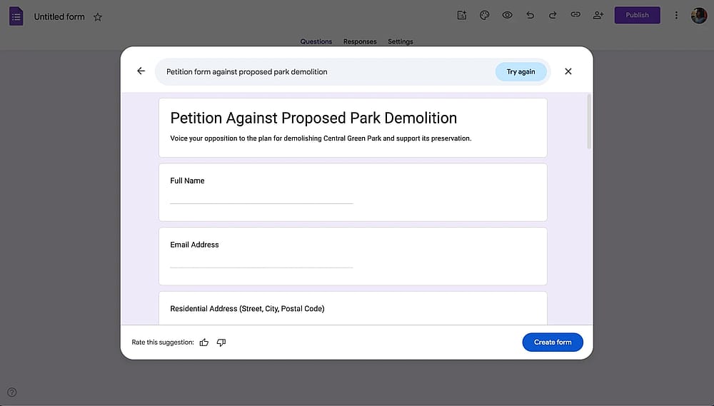 Adicione campos de formulário e sua declaração no Google Forms