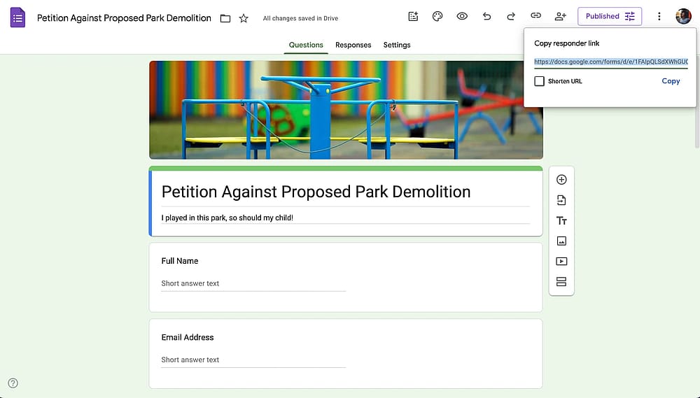 Teste o seu formulário de petição do Google Forms e compartilhe-o