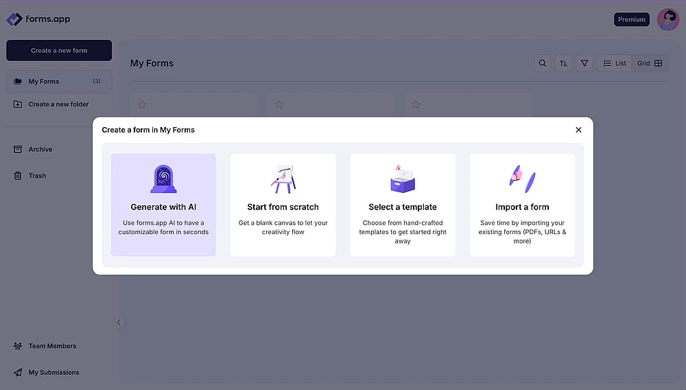 Opções de criação de formulários no painel do forms.app