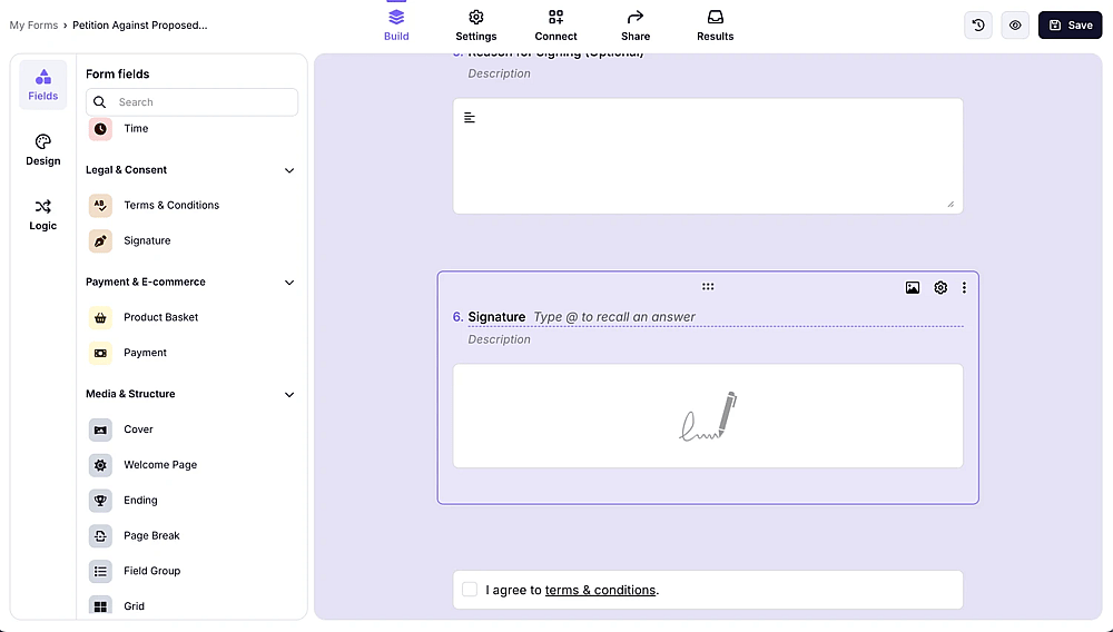 Adicionando um campo de assinatura a um formulário de petição no forms.app
