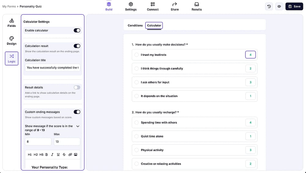 Open the ‘Calculator’ tab from the ‘Logic’ section to adjust the scores