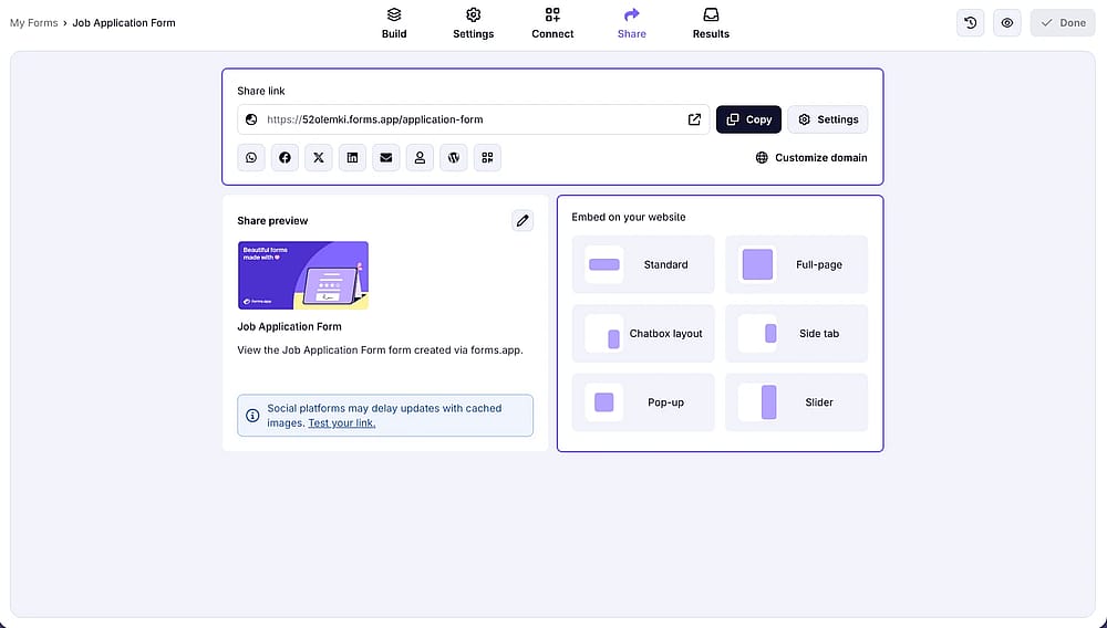 Explore sharing options available and publish your form by accessing the ‘Share’ tab