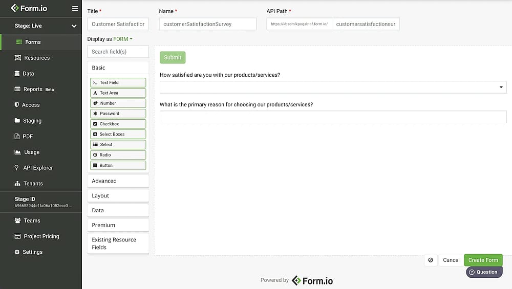 Workspace of Form.io