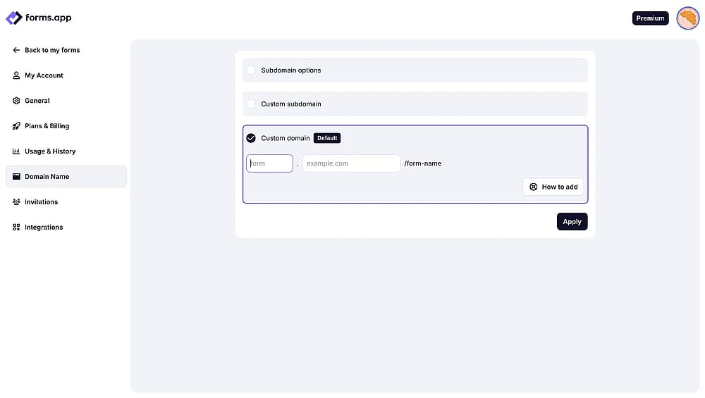 Enter your domain details under "Domain name" and press the “Apply” button below