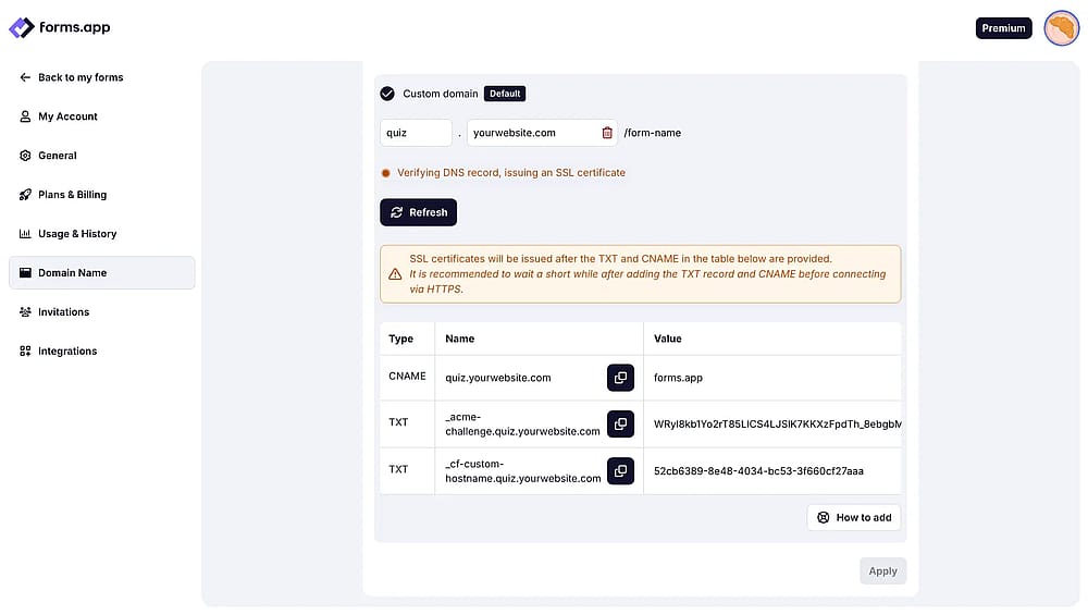 An example of the TXT value that should be added after adding CNAME to your domain