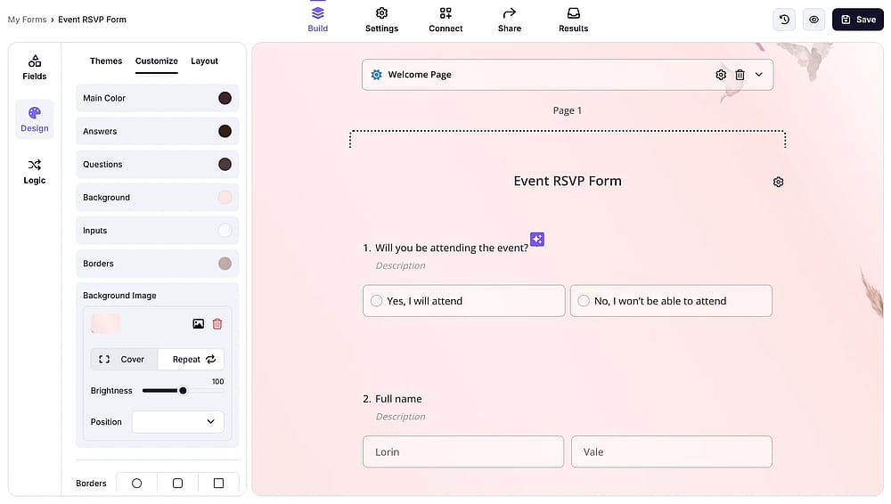 Cambiar colores del formulario en forms.app