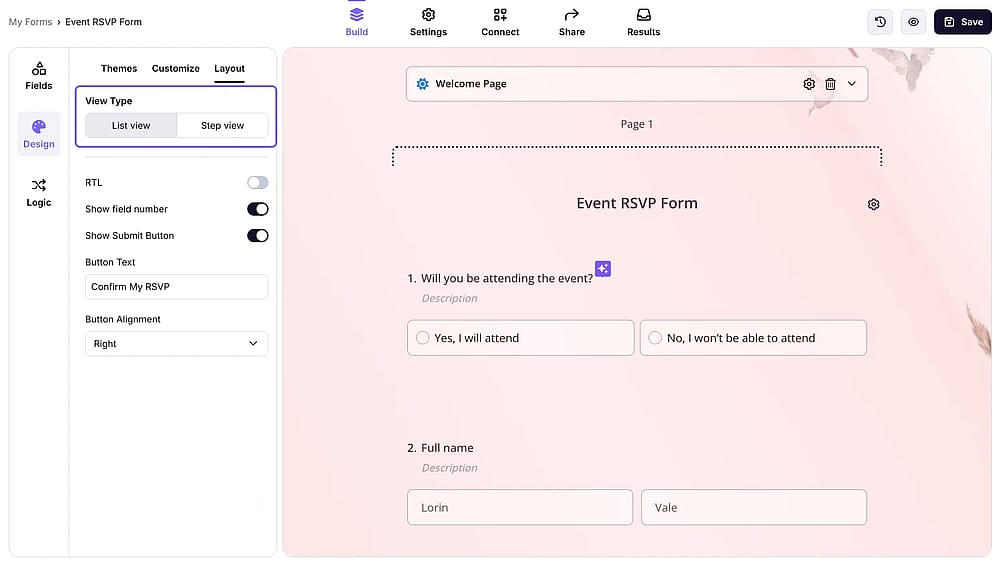 Elegir un tipo de vista para tu formulario en forms.app