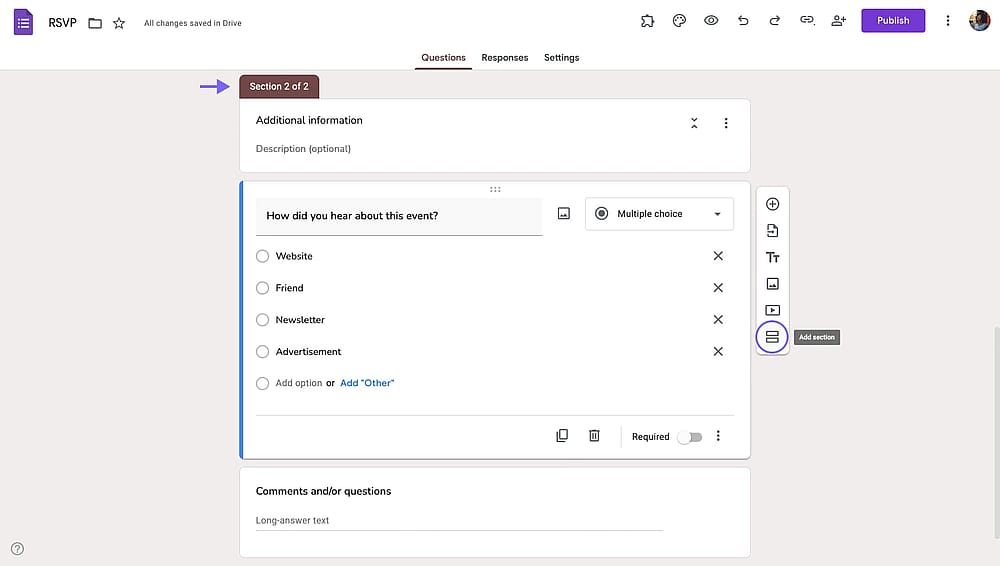 El botón Agregar sección en un Formulario de Google