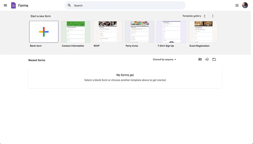Una imagen que muestra el panel de Google Forms