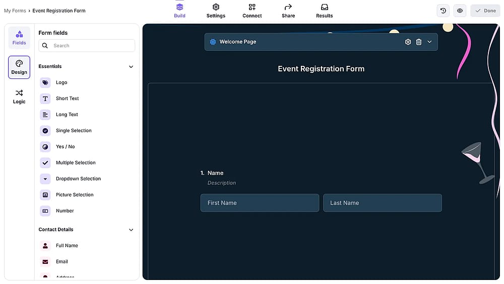 Una imagen que destaca la pestaña de diseño en forms.app