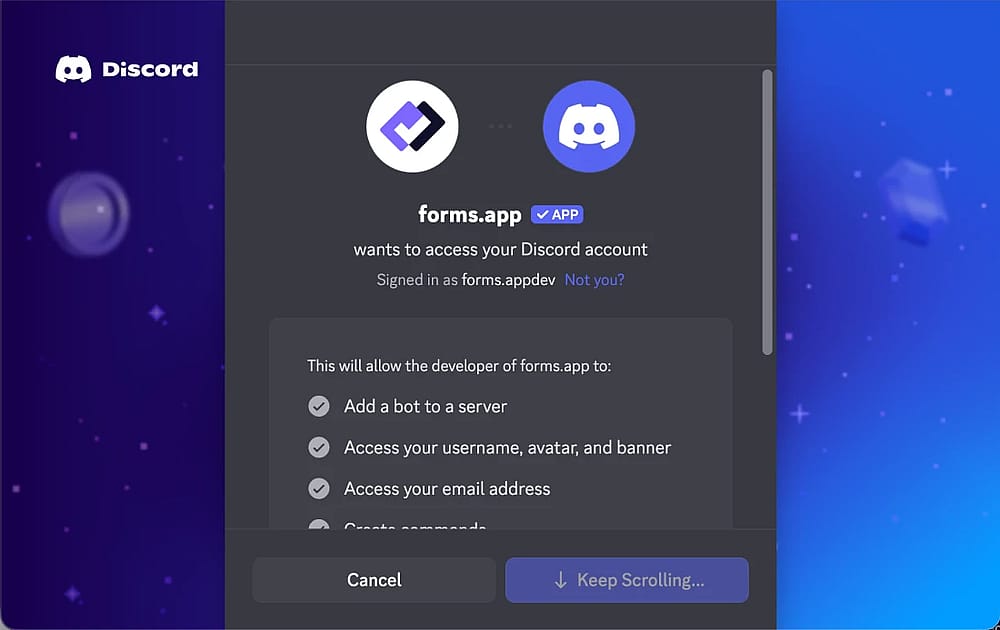 An image showing the pop-up appearing once you press the âConnect with Discordâ button