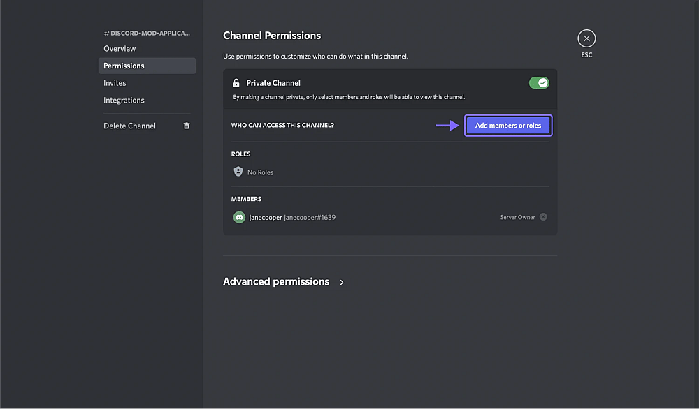 An image showing the âAdd members or rolesâ button, which you need to click by accessing the âPermissionsâ tab first