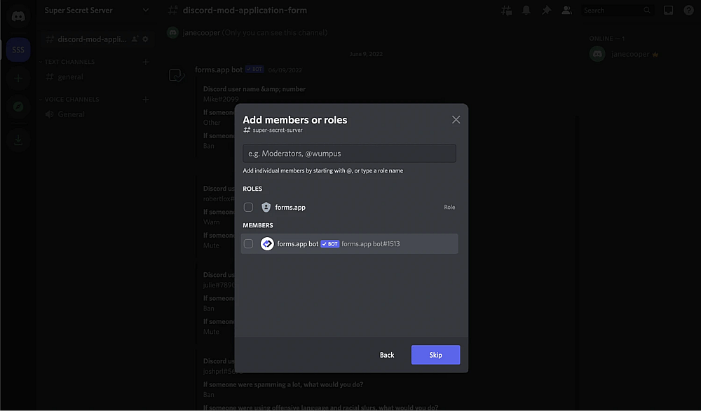 An image showing the page where you need to as forms.app bot as a member and assign it a role