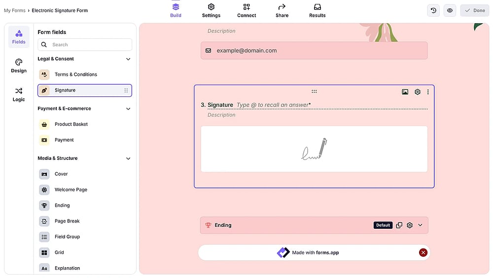 Adding a signature field to a form on forms.app