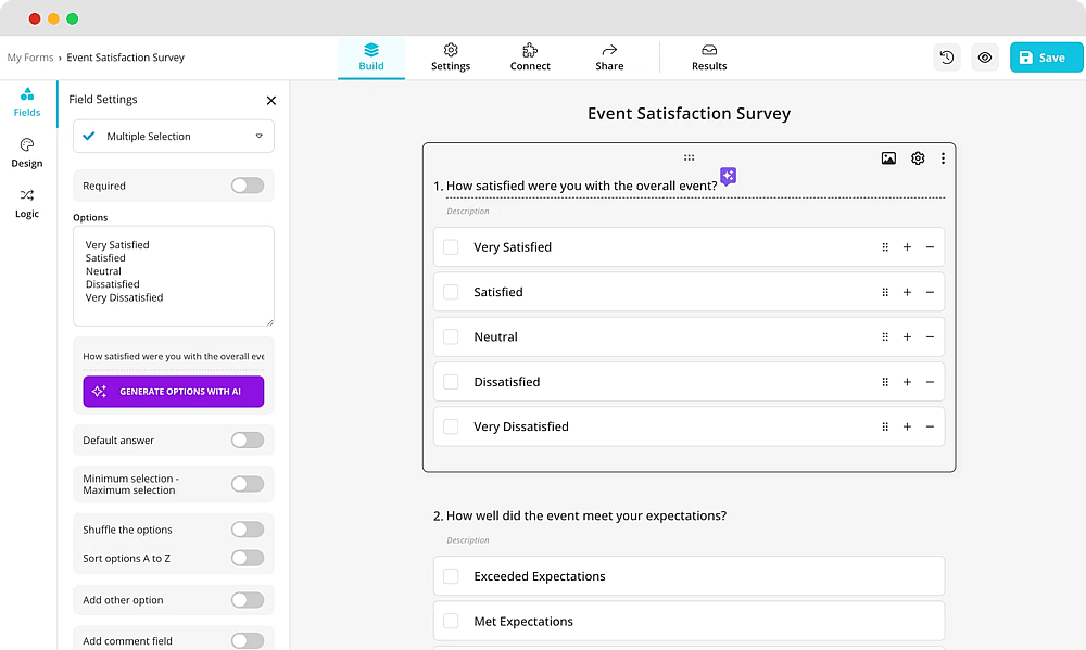 Add your event satisfaction questions