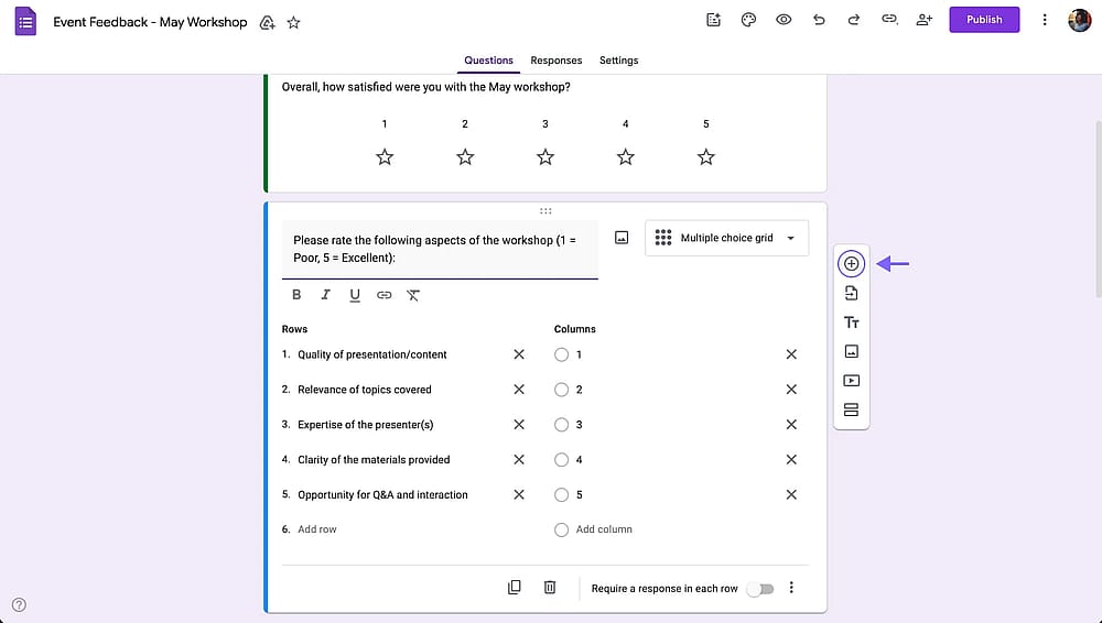 Add question button on Google Forms
