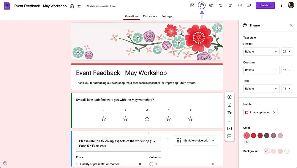 Theme options on Google Forms