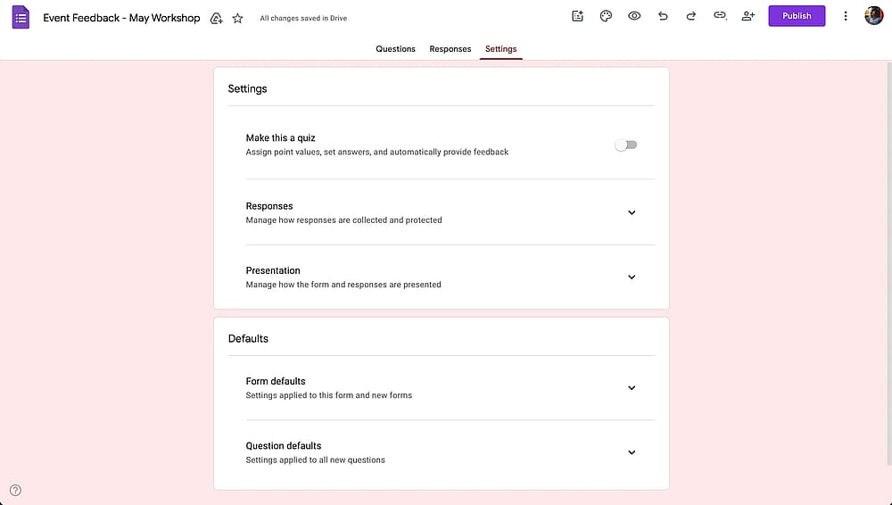 Configuring Google Form settings