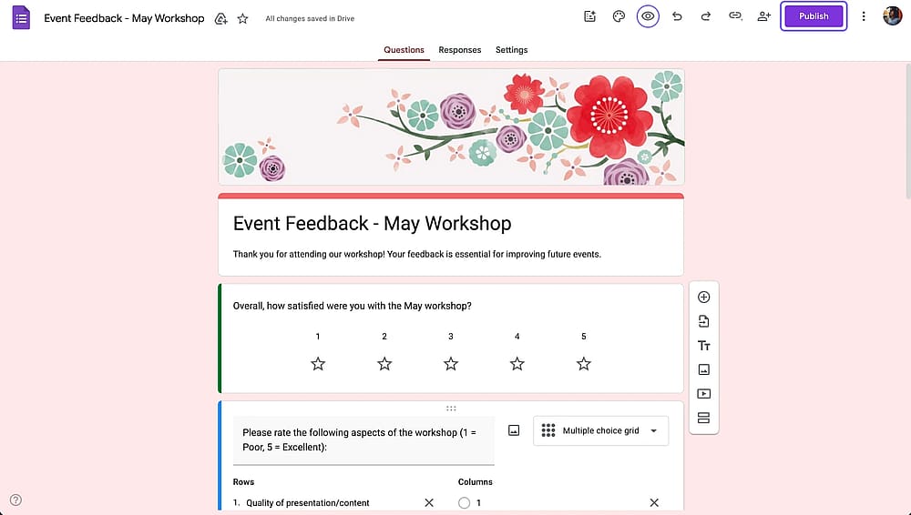 The preview and publish buttons on Google Forms