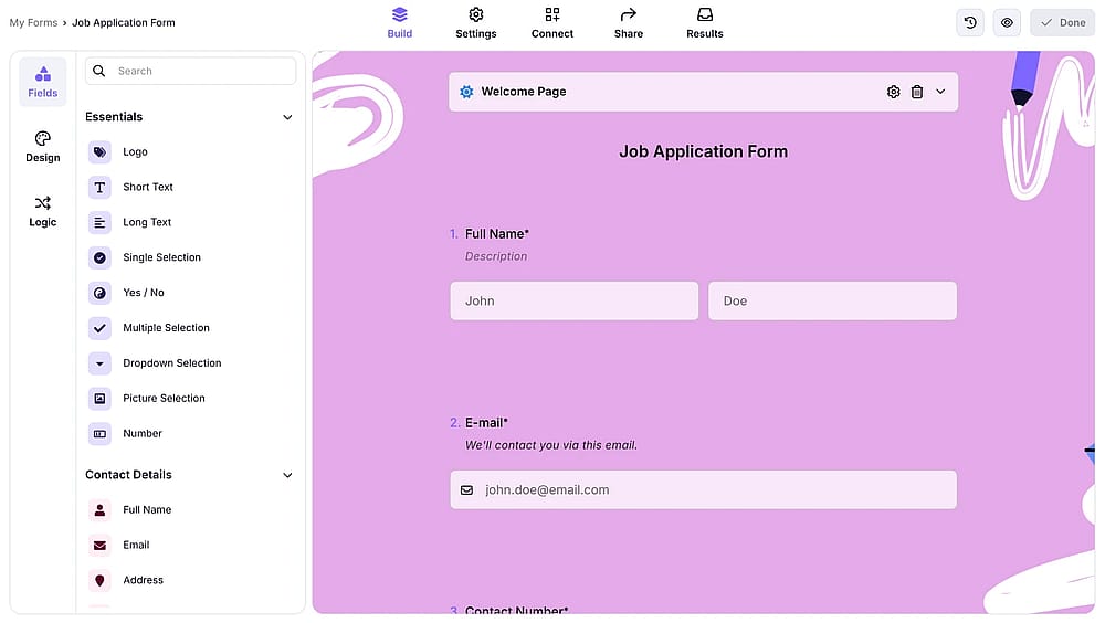 An image showing the “Build” section of the form, which you opened and added the needed questions to