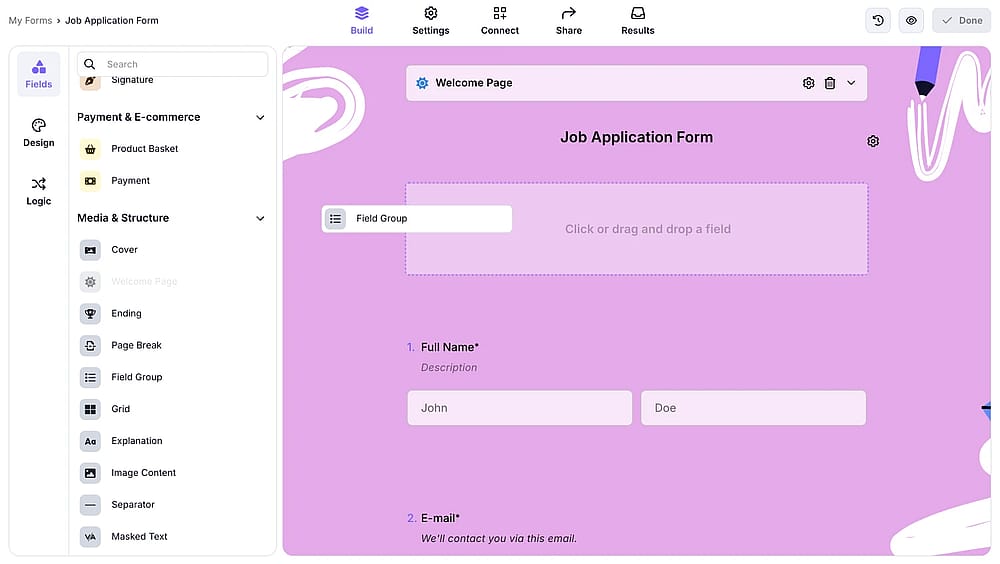 An image showing how you can find the “Field Group” field from the menu on the left and drag&amp;drop it directly to your form