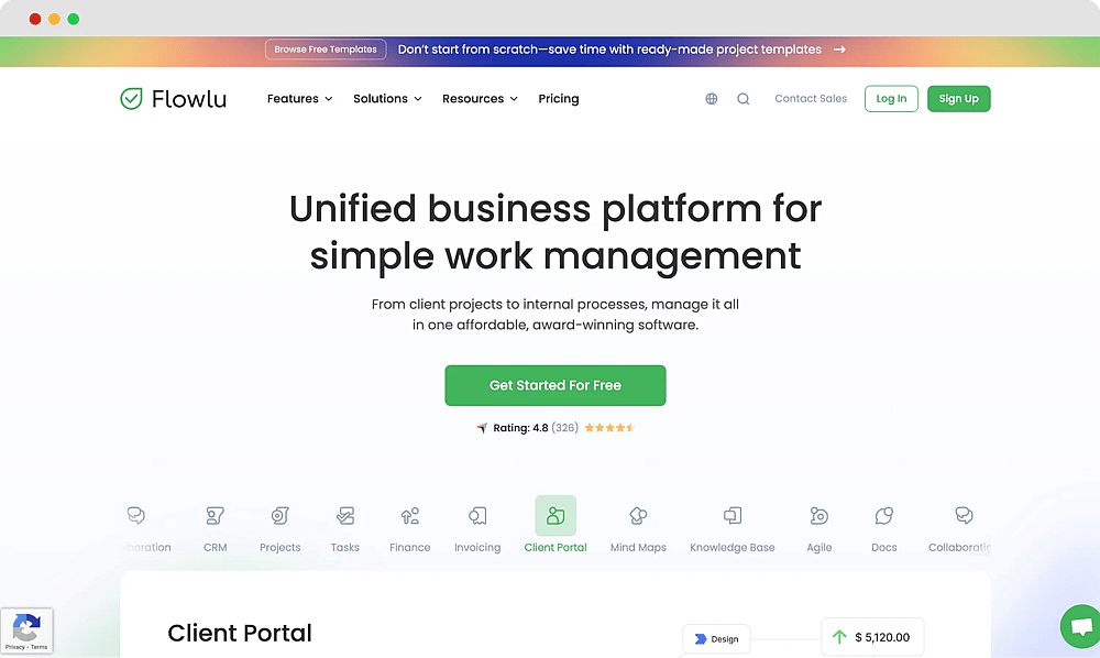 The homepage of Flowlu