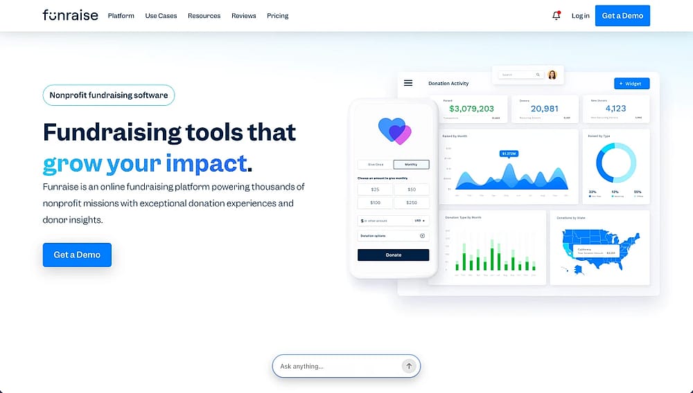 The homepage of Funraise