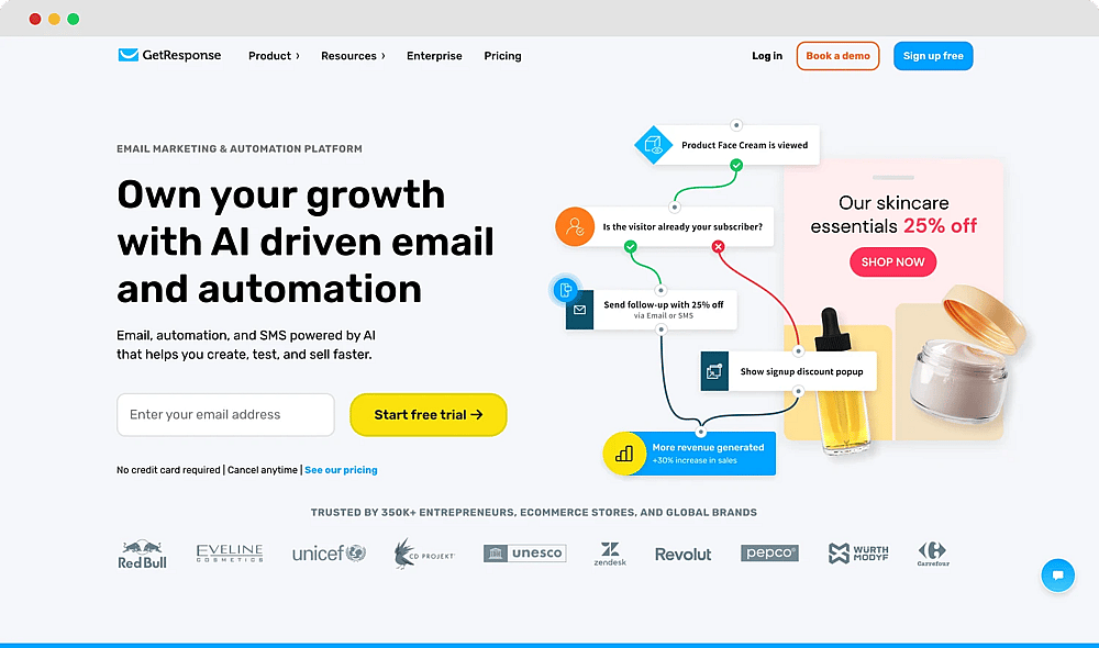 The homepage of GetResponse