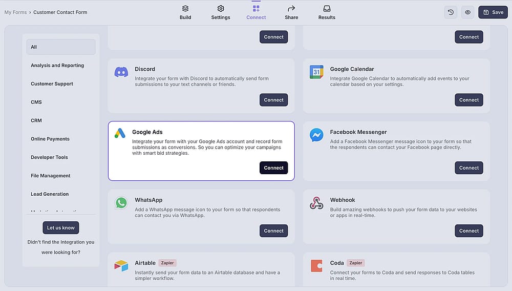 An image showing the “Google Ads integration” button, which you can easily find by accessing the “Connect” tab
