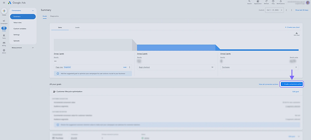 An image showing the “+ Create conversion action” which you need to press