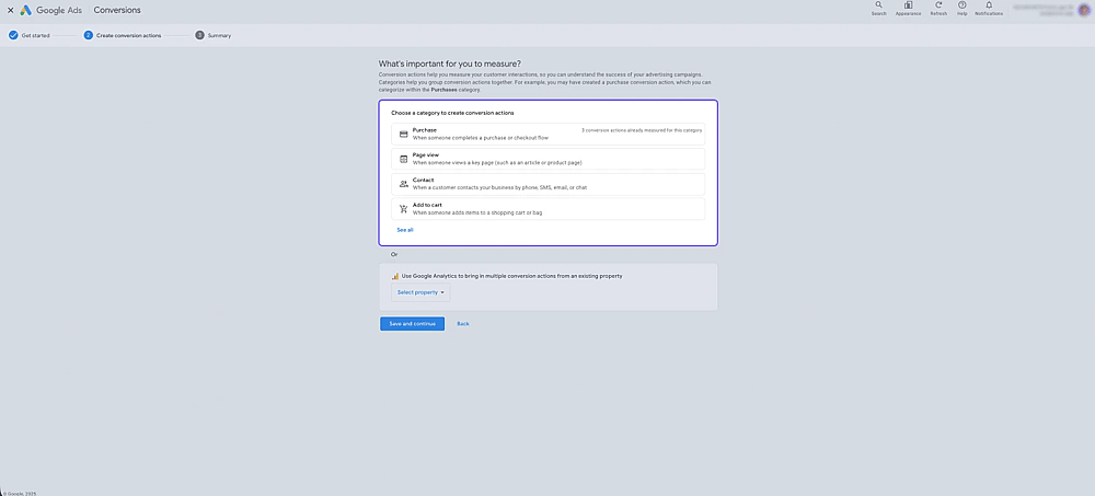An image showing the page where you need to select a category to create conversion actions
