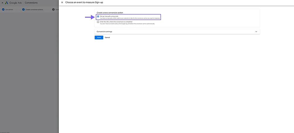 An image showing the “Set up manually using code” option that must be selected in the appeared menu
