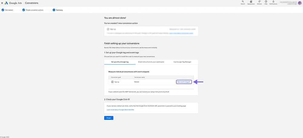 An image showing the “See event snippet” button, which is located in the “Summary” section