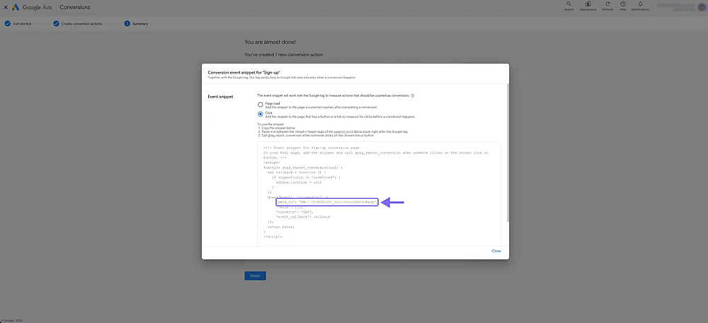 An image showing the place in the screen where you will be able to find and copy the&nbsp; “conversion ID”