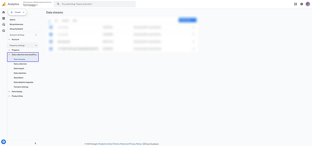 An image showing the “Data streams” option, which you need to select by first accessing the “Property settings” section