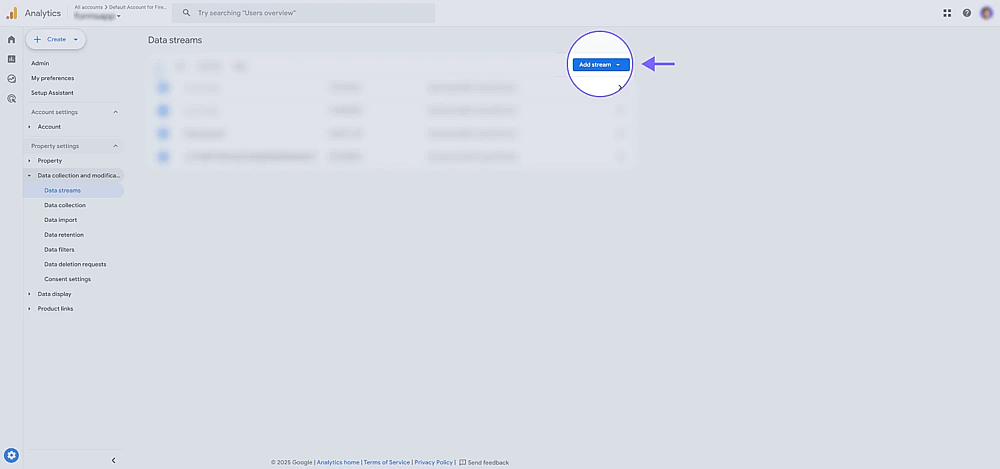 An image showing the “Add stream” button in the upper right corner for adding a new stream for the web