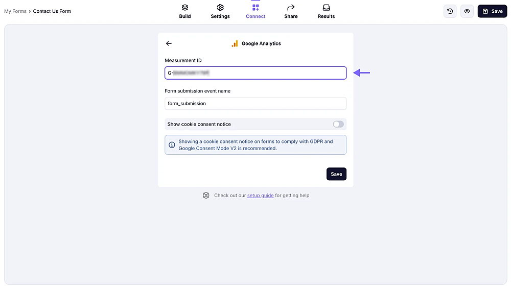 An image showing the “Connect” section, where you can paste the copied MEASUREMENT ID