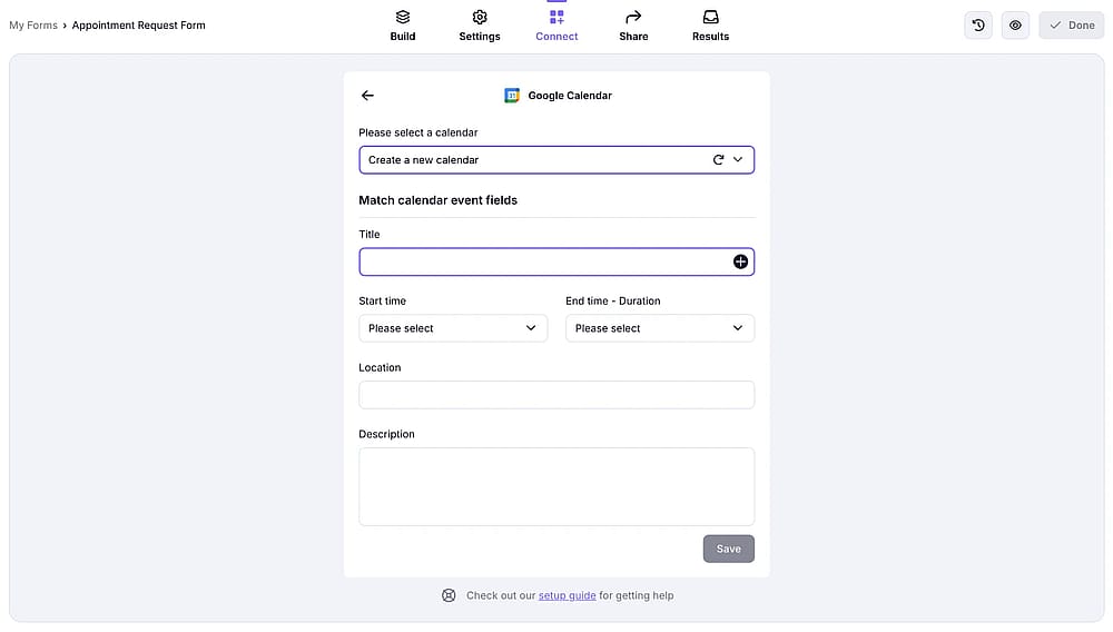 An image showing the integration settings where you will need to select a calendar and add a title for your events
