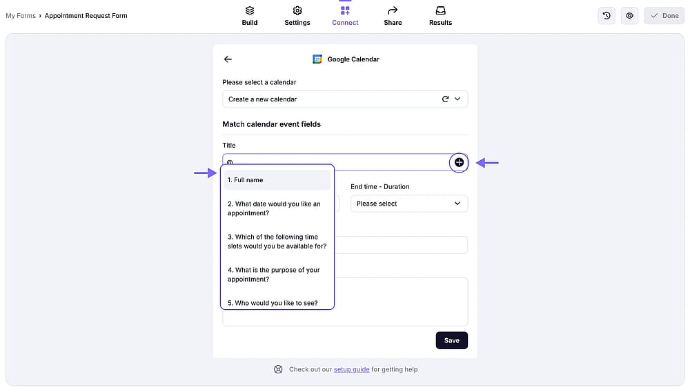 An image showing the feature that allows you to select a title from the form fields you have by clicking the “+” button