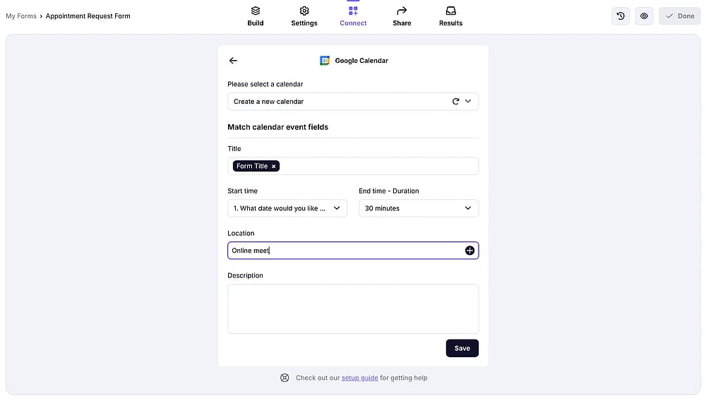 An image showing the “Location” area where you can add a fixed location by typing or choosing a relevant form field