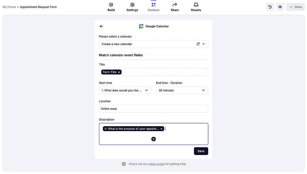 An image showing the “Description” area where you can add a fixed description for events or use form fields as variables