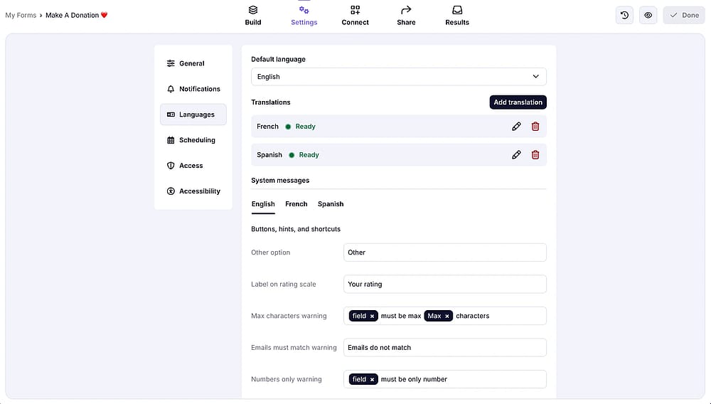 Make your form multilingual by accessing the ‘Languages’ tab